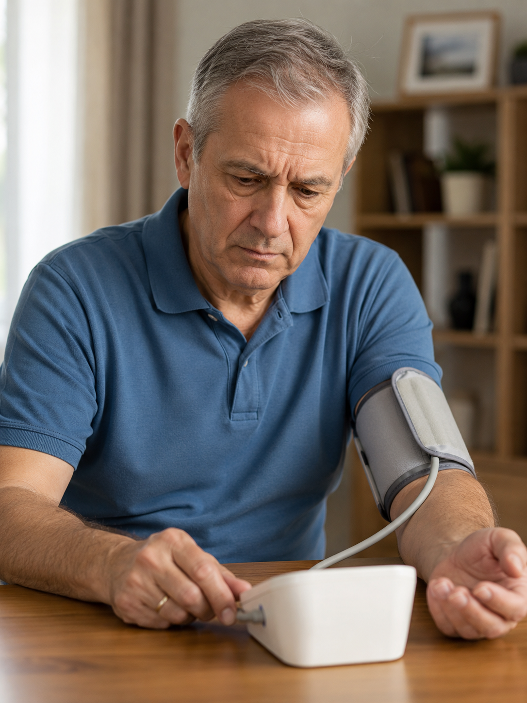 Man checking his blood pressure at home